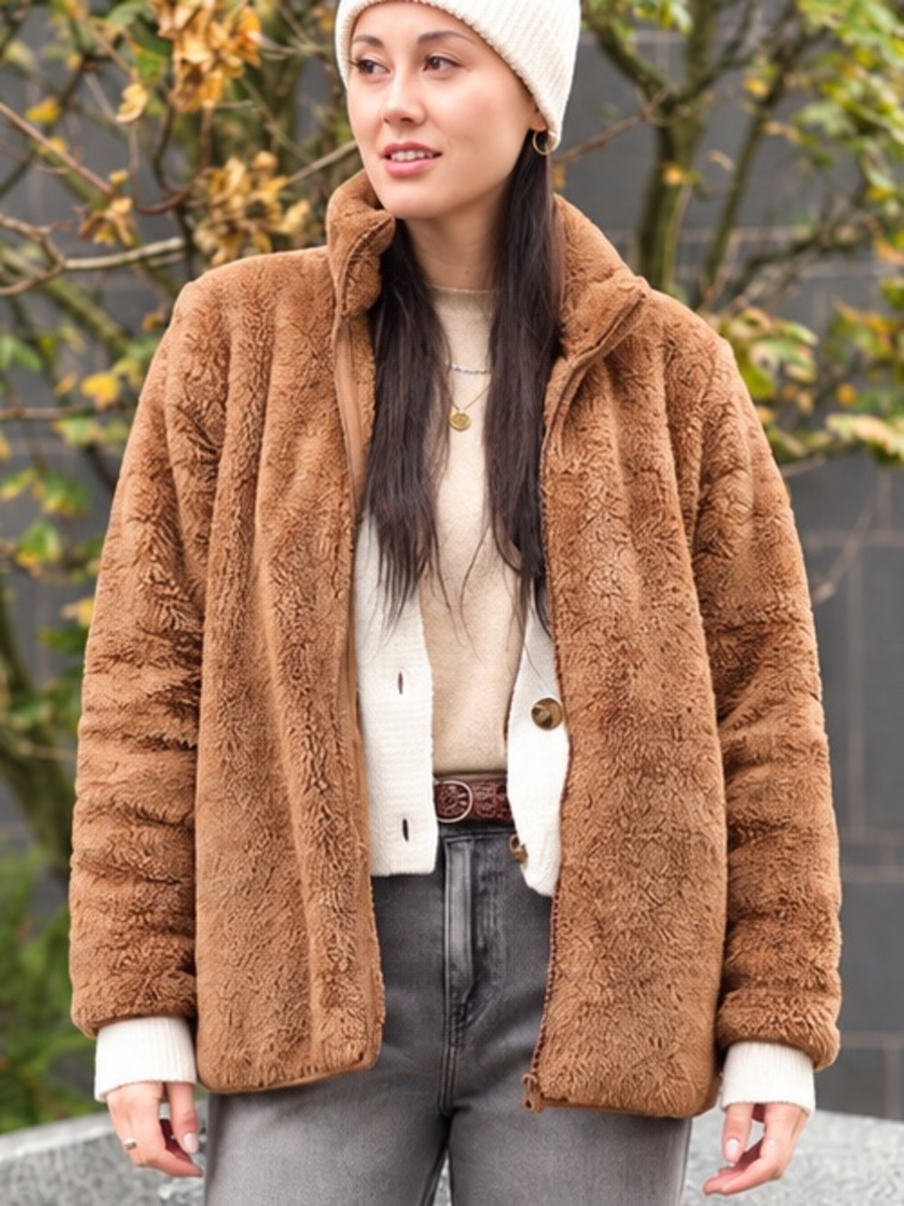 UNIQLO Fluffy Yarn Fleece Full-Zip Jacket Camel Brown Size Small